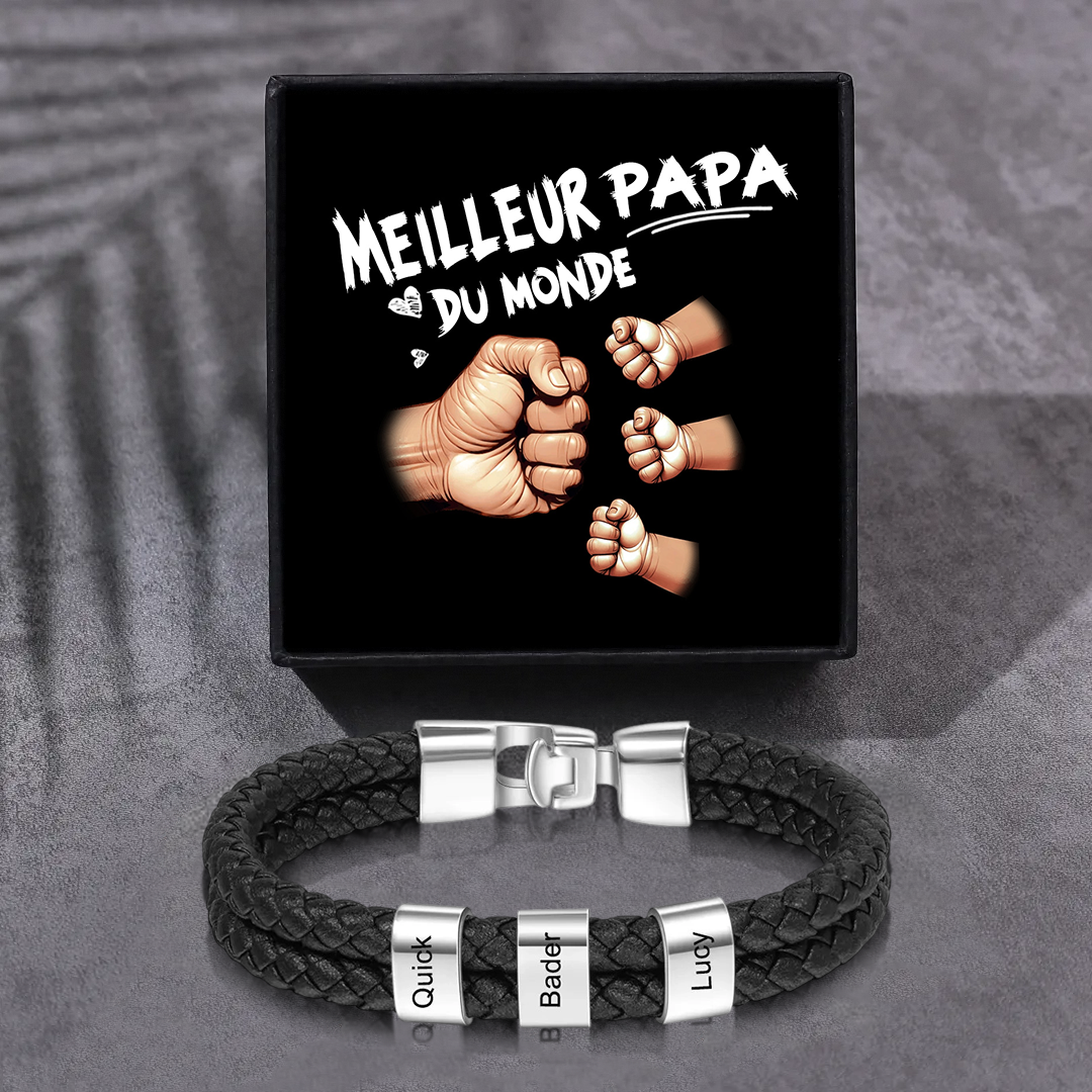 Bracelet Papa Personnalisé Cuir Tressé et Acier Inoxydable – 1 à 6 Prénoms Gravés