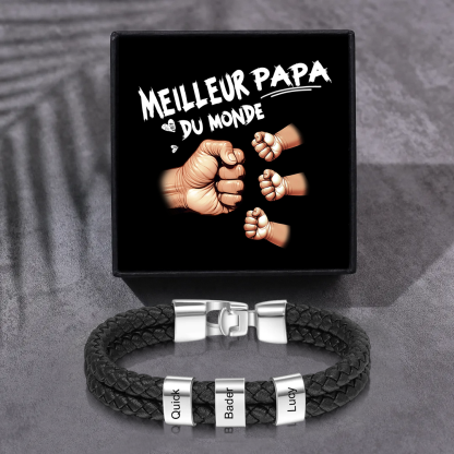 Bracelet Papa Personnalisé Cuir Tressé et Acier Inoxydable – 1 à 6 Prénoms Gravés