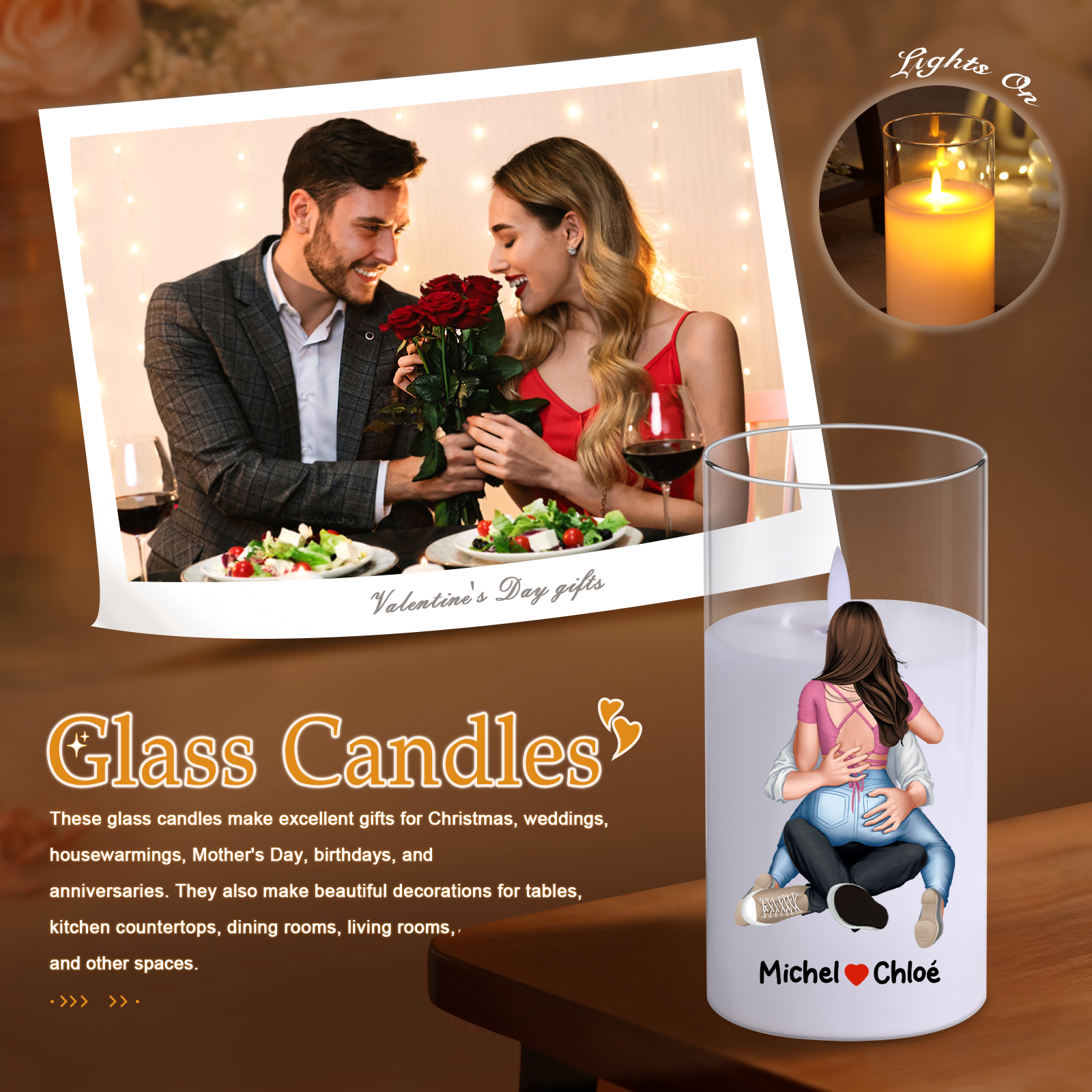 Bougie LED Personnalisée en Verre avec Prénoms – Cadeau romantique pour Couple