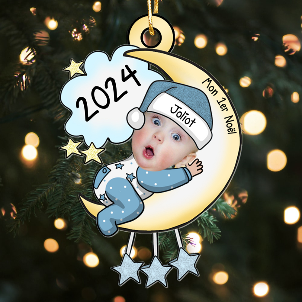 Décoration Sapin Noël Bébé 1 Prénom Personnalisé avec Photo et Texte en Acrylique | Jessemade