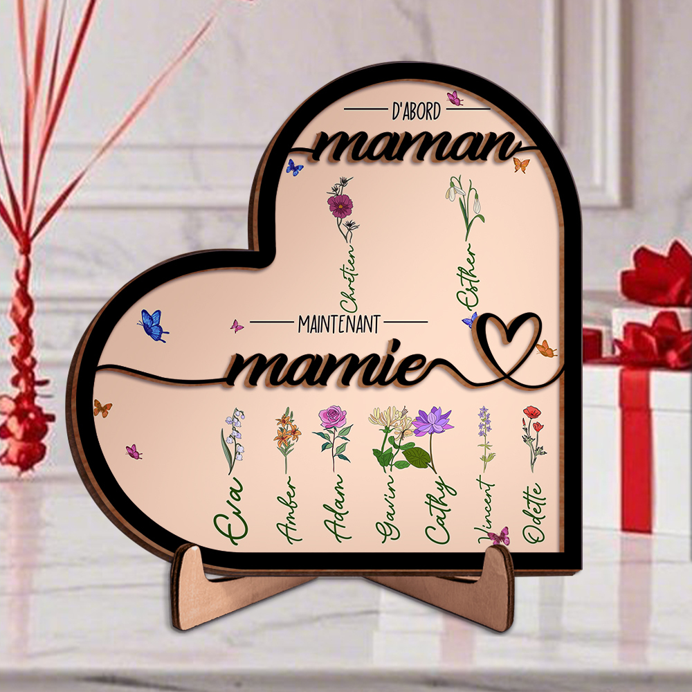 Plaque Cœur en Bois 1-10 Prénoms Personnalisés Décoration de Maison Cadeau pour Mamie | Jessemade