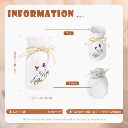 À Maman/Mamie - Vase en Céramique 2-8 Prénoms Personnalisés avec 1 Texte Vase Main et Papillon (sans fleurs) | Jessemade