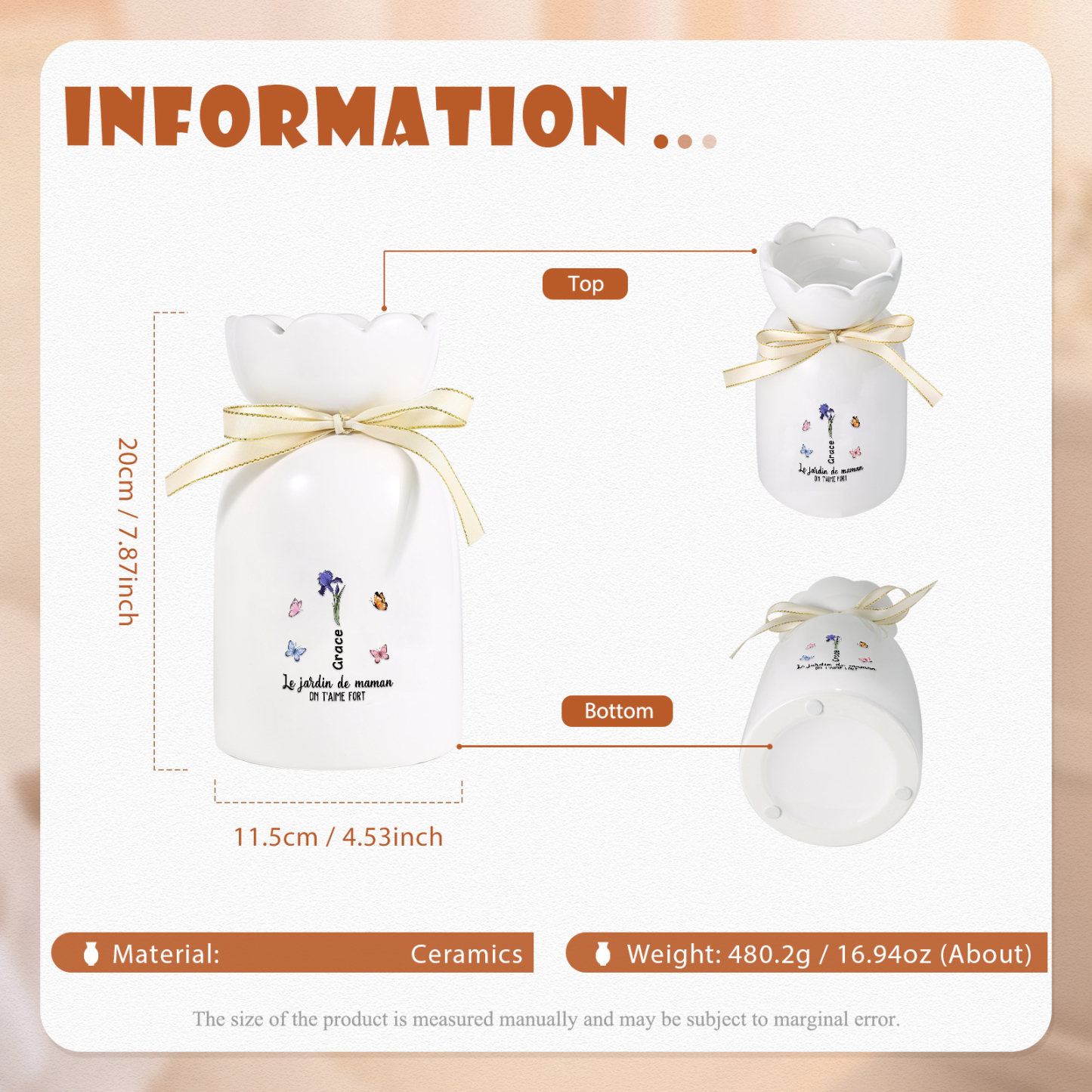 À Maman/Mamie - Vase Personnalisés avec 1-6 Prénoms et 2 Textes Vase en Céramique (sans fleurs) | Jessemade