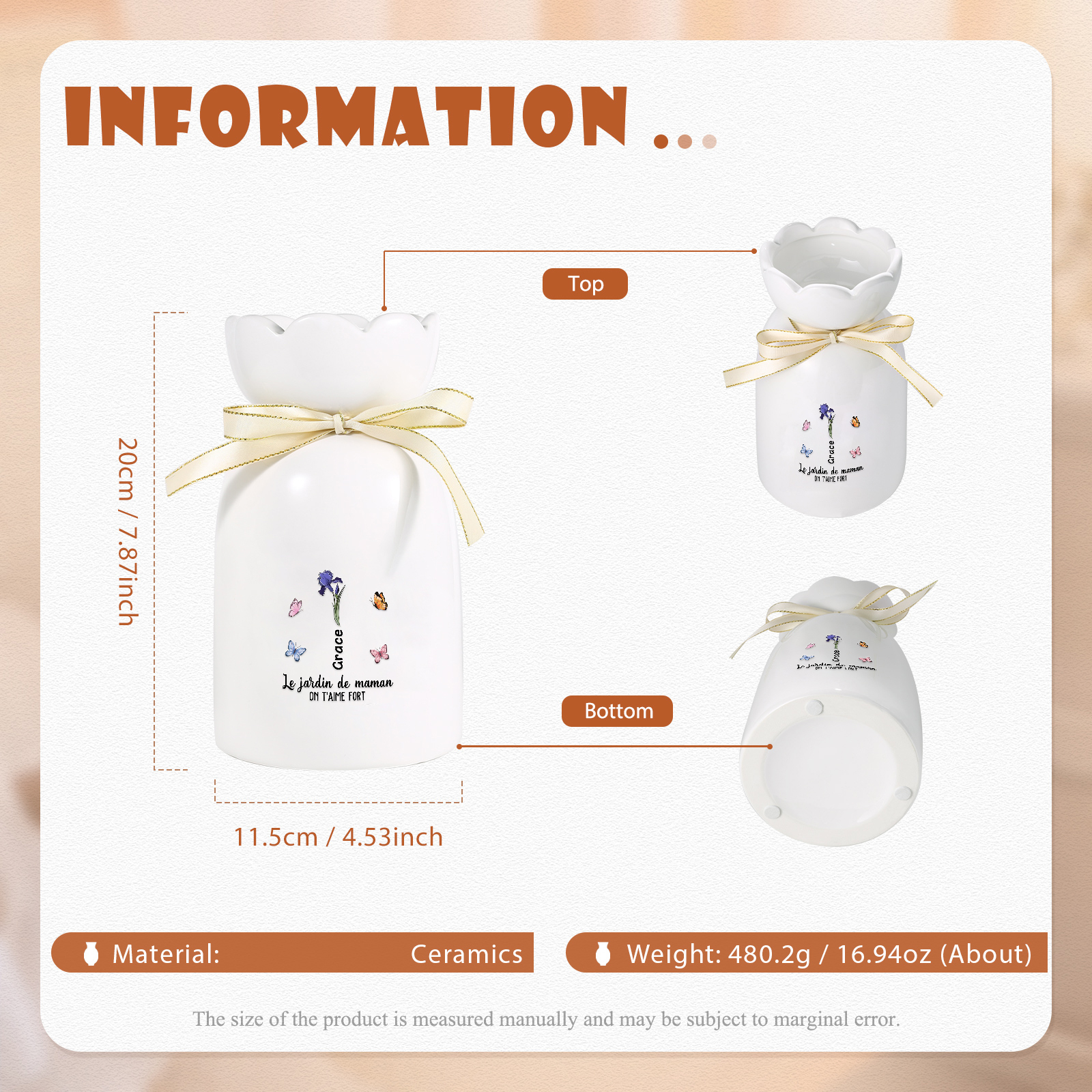 À Maman/Mamie - Vase Personnalisés avec 1-6 Prénoms et 2 Textes Vase en Céramique (sans fleurs) | Jessemade