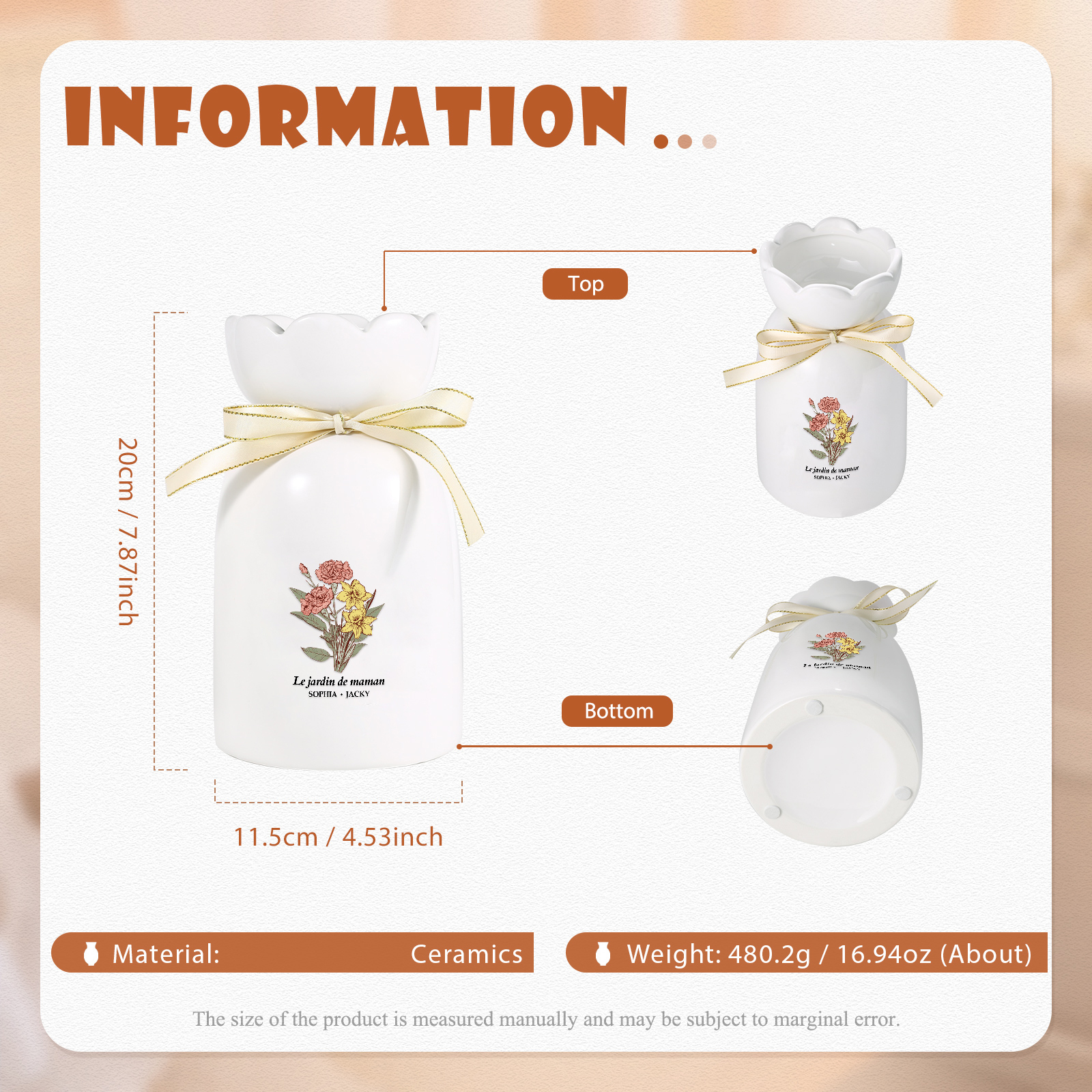 À Maman/Mamie - Vase Personnalisés avec 2-6 Prénoms et 1 Texte Vase bouquet en Céramique (sans fleurs) | Jessemade