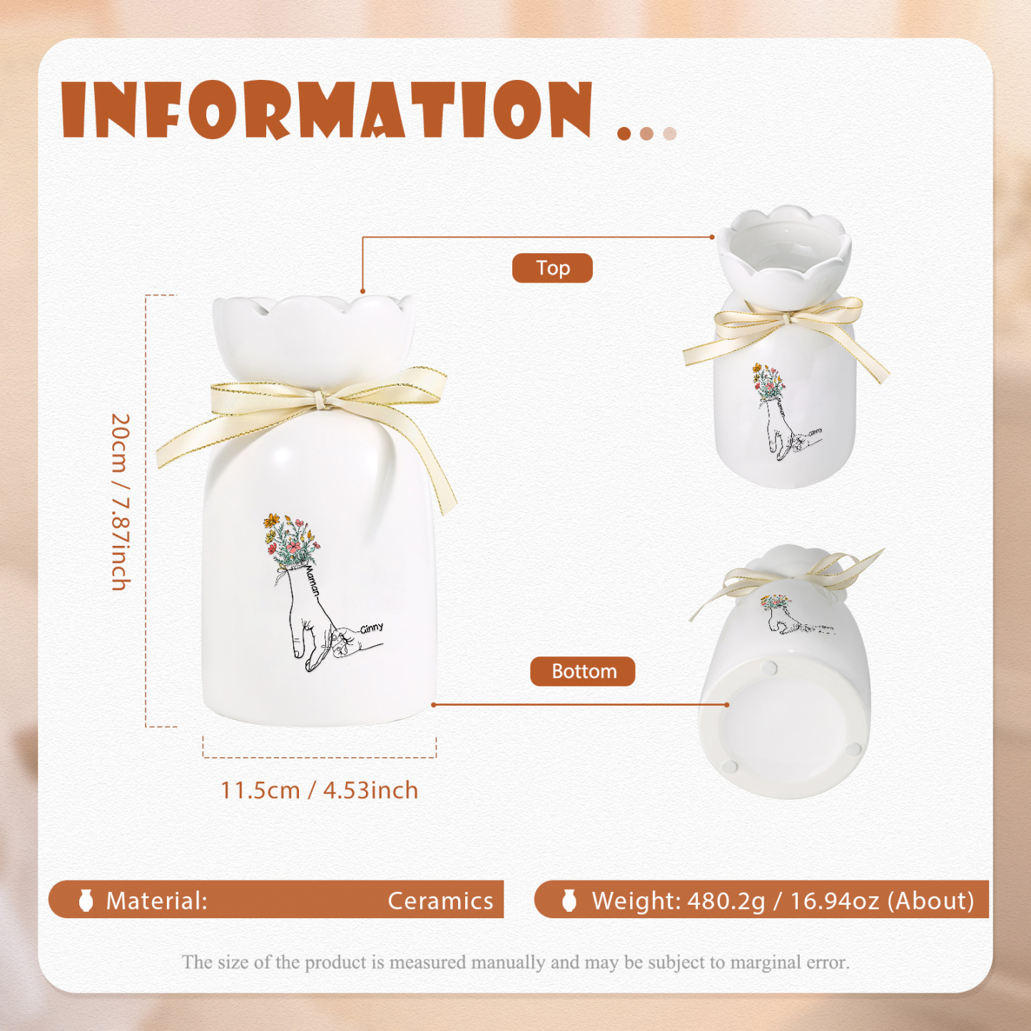 À Maman/Mamie - Vase en Céramique Personnalisés avec 2-7 Prénoms Vase la Main dans la Main (sans fleurs) | Jessemade