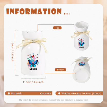À Maman/Mamie - Vase en Céramique Personnalisés avec 1-8 Prénoms et 1 Texte Vase Motif Papillons Colorés (sans fleurs) | Jessemade
