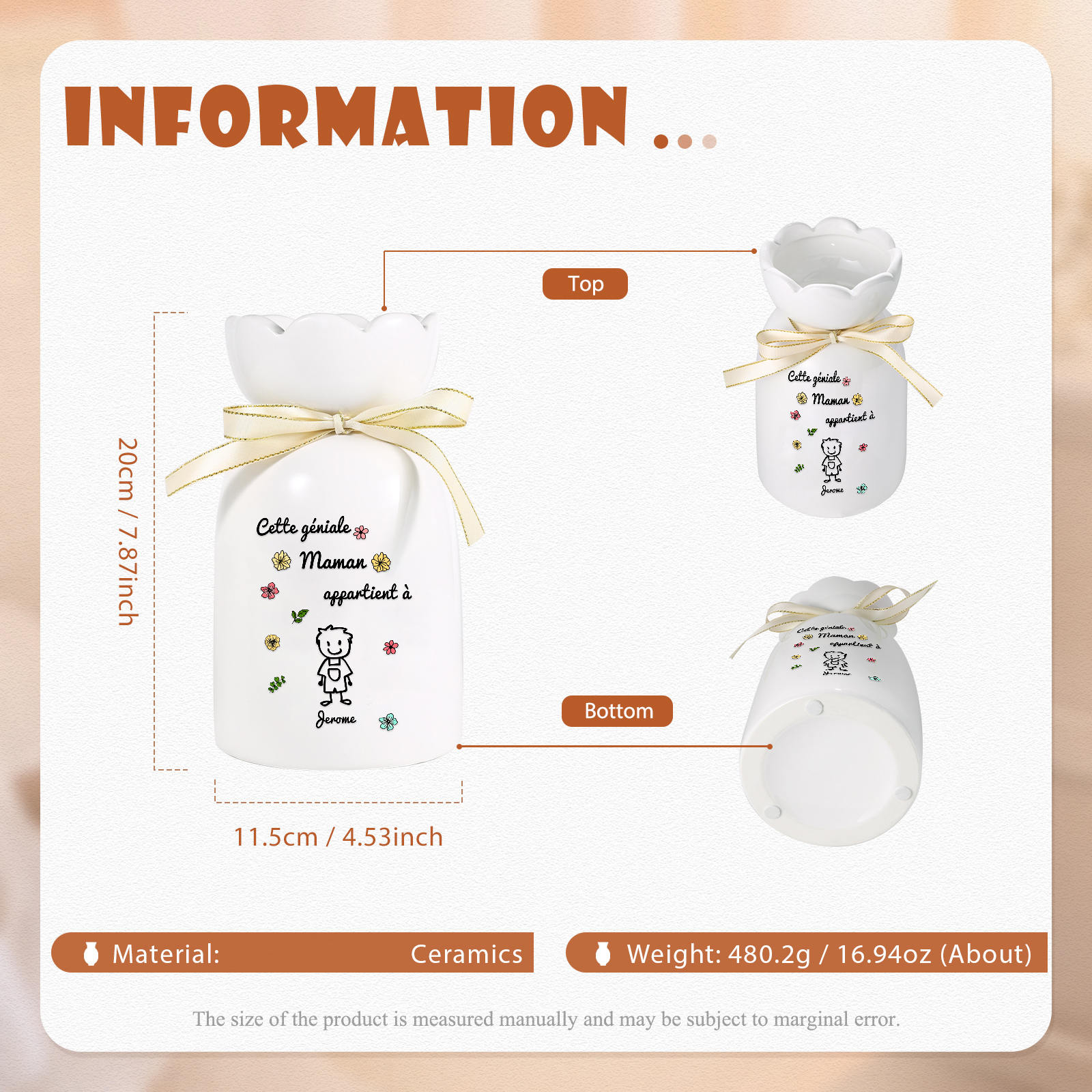 Vase avec Ruban 1-6 Prénoms et Enfants Personnalisés avec 1 Tetxe Vase en Céramique (sans fleurs) | Jessemade