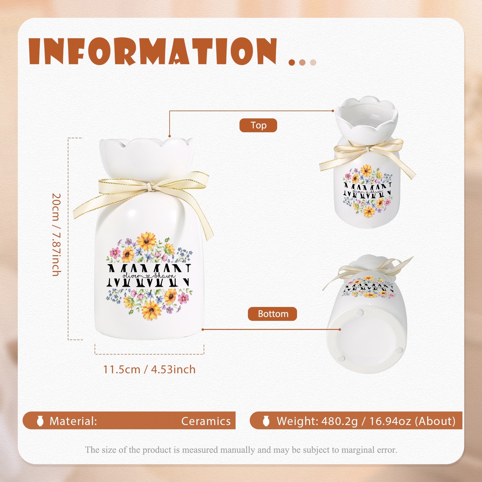 À ma Maman-Vase à Fleurs avec Ruban 2 Prénoms Personnalisés Vase en Céramique (sans fleurs) | Jessemade