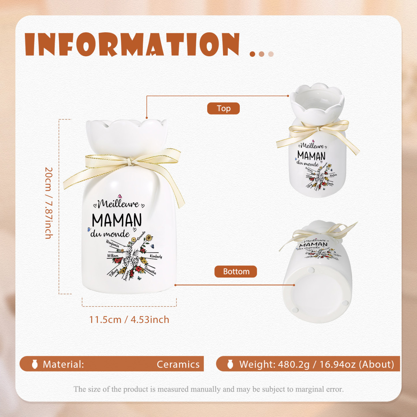 À ma Maman/Mamie-Vase Personnalisé avec 2-7 Prénoms et 1 Tetxe Vase la Main dans la Main avec Ruban en Céramique (sans fleurs) | Jessemade