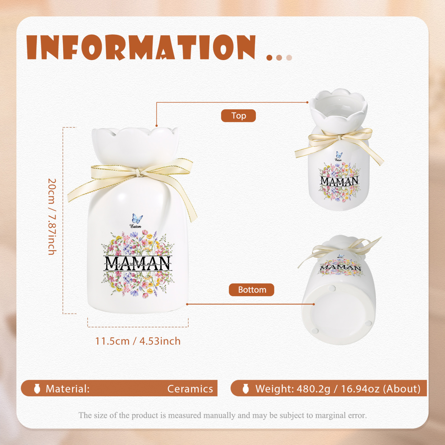 À ma Maman-Vase Personnalisé avec 1-5 Prénoms Vase Fluers et Papillon avec Ruban en Céramique (sans fleurs) | Jessemade