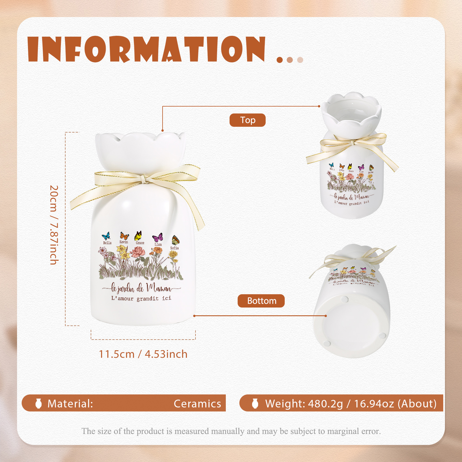 Vase Personnalisé avec 1-5 Prénoms & Fleurs de Naissance et 2 Tetxes Vase Fluers et Papillons en Céramique (sans fleurs) | Jessemade