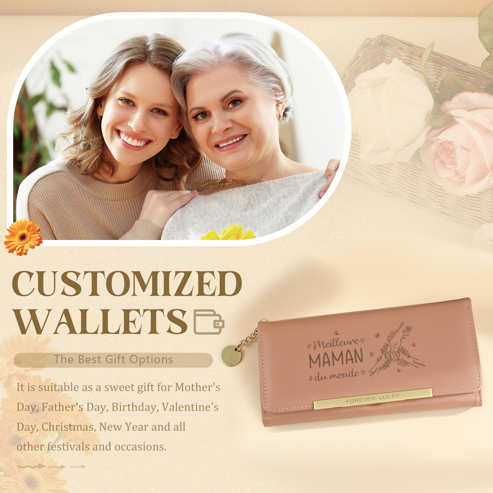 À Maman -Portefeuille Personnalisé long en cuir PU avec 3 Prénoms La Main Dans La Main Porte-monnaie pour Maman | Jessemade