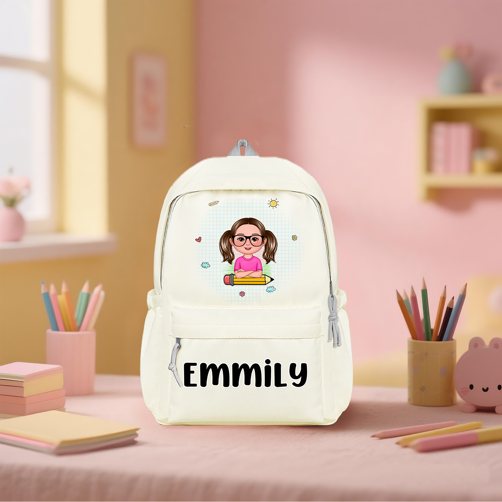 Cadeaux Rentrée Scolaire — Sac à dos Personnalisable avec Prénom et Illustration Rose/Rouge/Blance | Jessemade