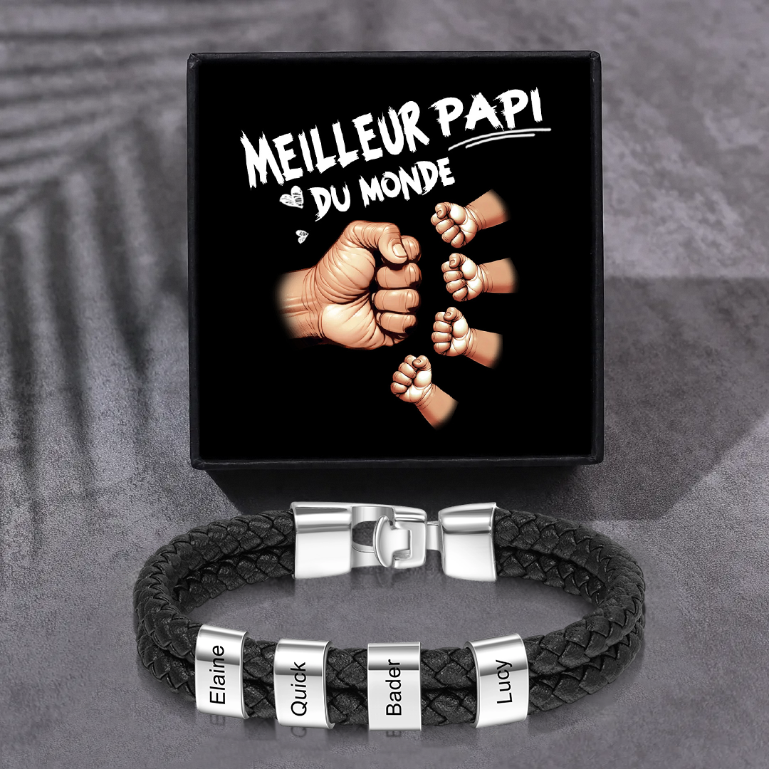 Bracelet Cuir Tressé Personnalisé – 1 à 6 Perles pour Papi/Papy/Grand-Père