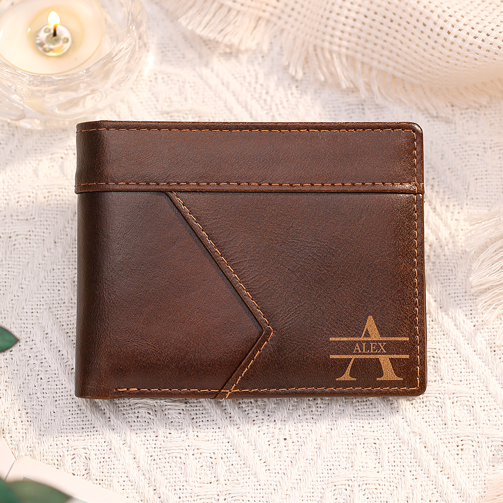 Portefeuille en Cuir Personnalisé avec 1 Prénom et 1 Initiale en cuir de première couche avec protection RFID Cadeau pour Homme | Jessemade