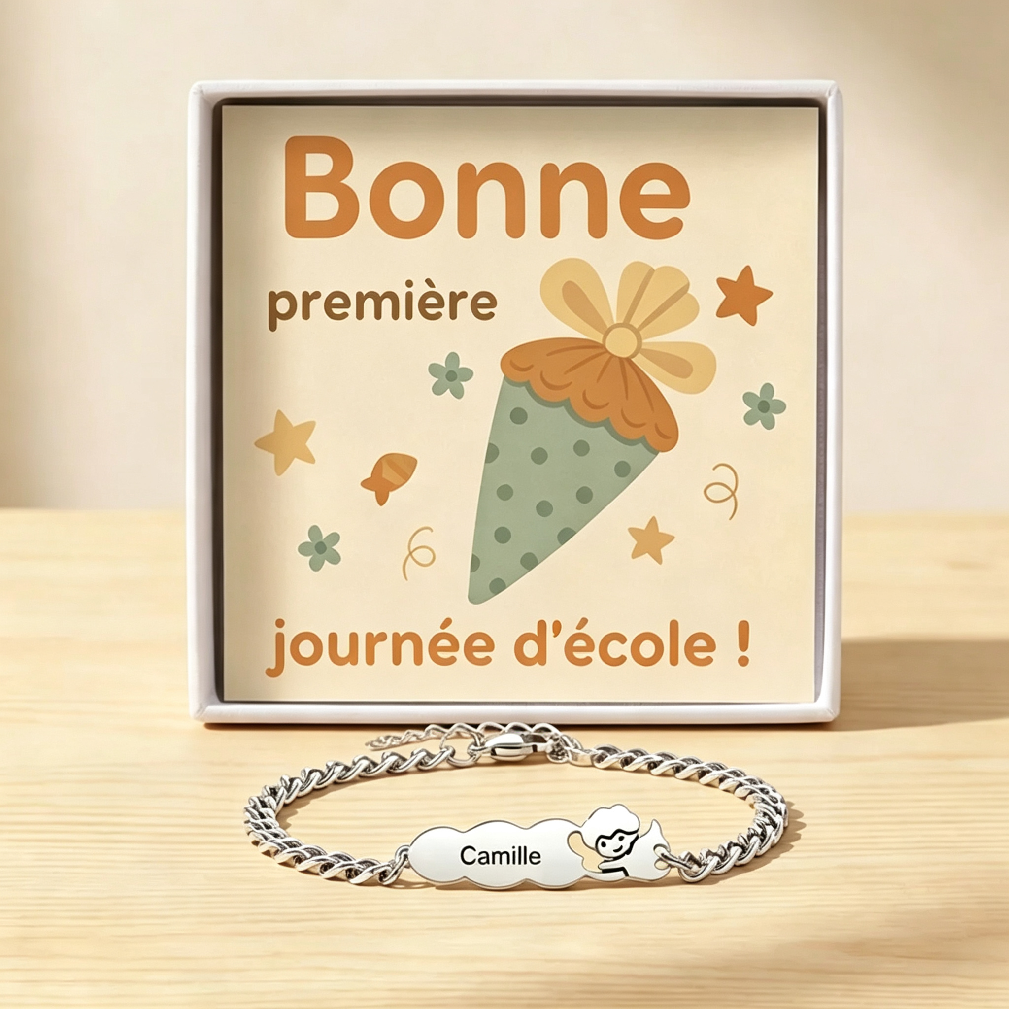 Bracelet enfant personnalisable avec prénom ange en acier inoxydable, coffret cadeau de rentrée scolaire, cadeau pour écolier, fille ou garçon | Jessemade