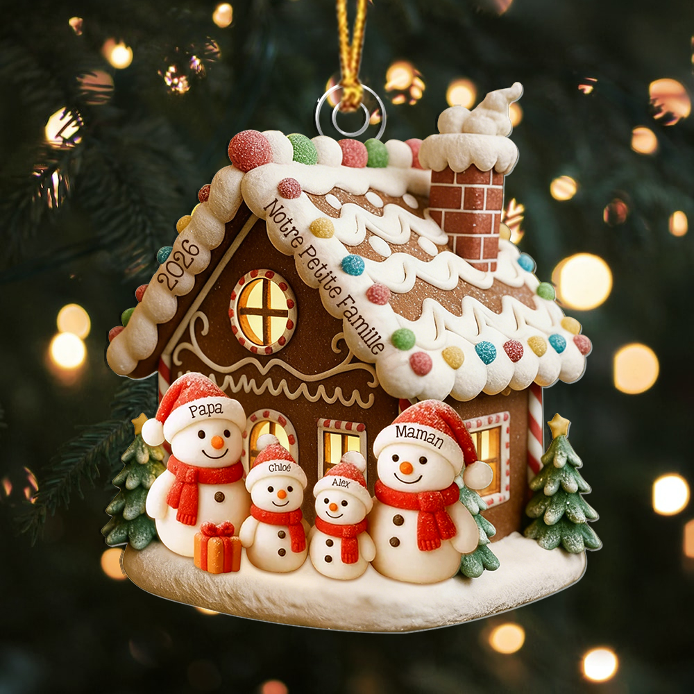 Décoration sapin Noël familiale personnalisée maison en pain d'épices et bonhomme de neige avec 1 à 6 prénoms