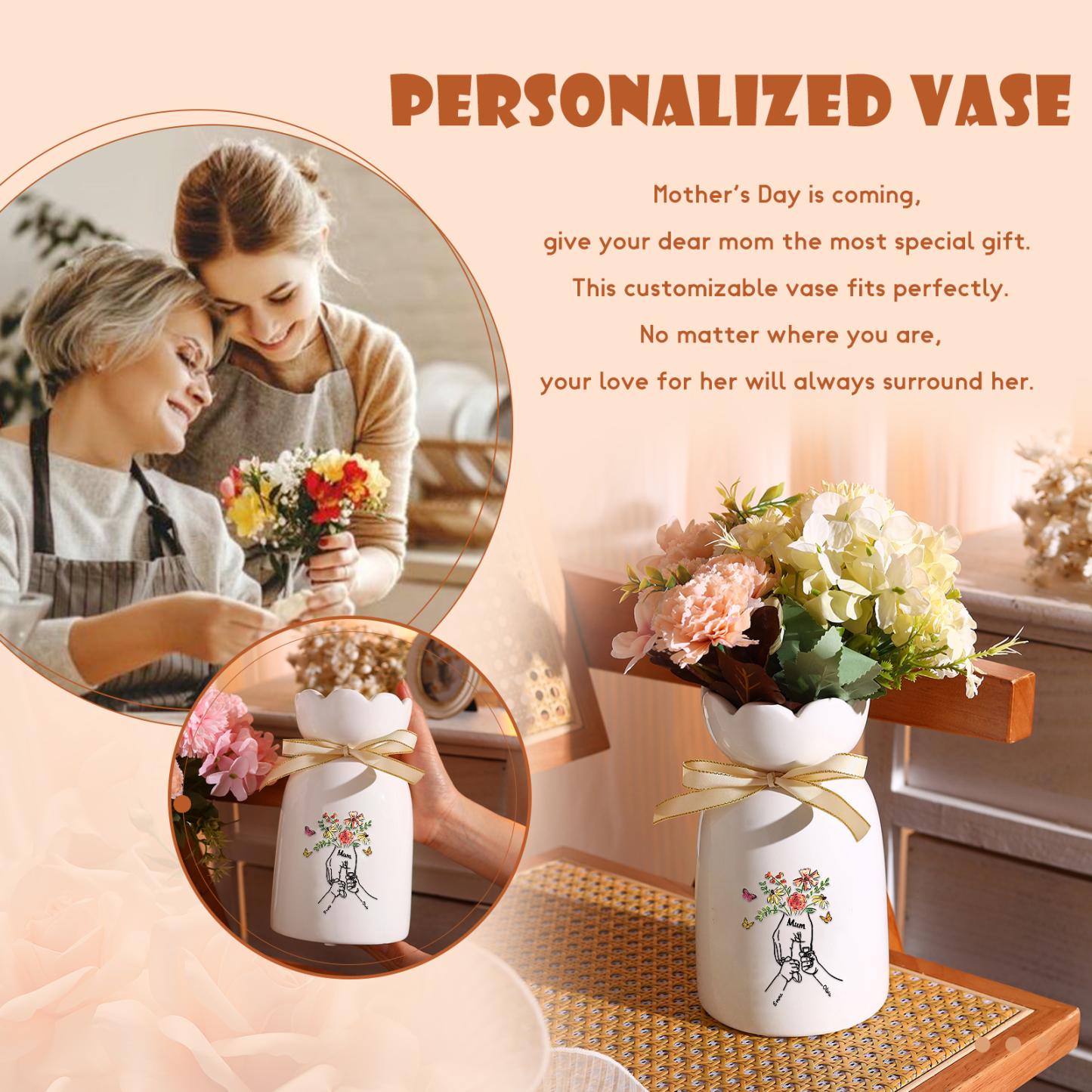 À Maman/Mamie - Vase en Céramique 2-8 Prénoms Personnalisés avec 1 Texte Vase la Main dans la Main (sans fleurs) | Jessemade