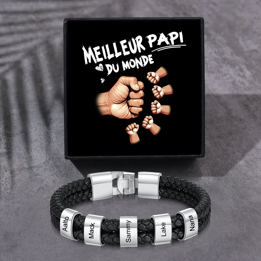 Bracelet Cuir Tressé Personnalisé – 1 à 6 Perles pour Papi/Papy/Grand-Père