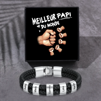 Bracelet Cuir Tressé Personnalisé – 1 à 6 Perles pour Papi/Papy/Grand-Père