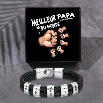 Bracelet Papa Personnalisé Cuir Tressé et Acier Inoxydable – 1 à 6 Prénoms Gravés