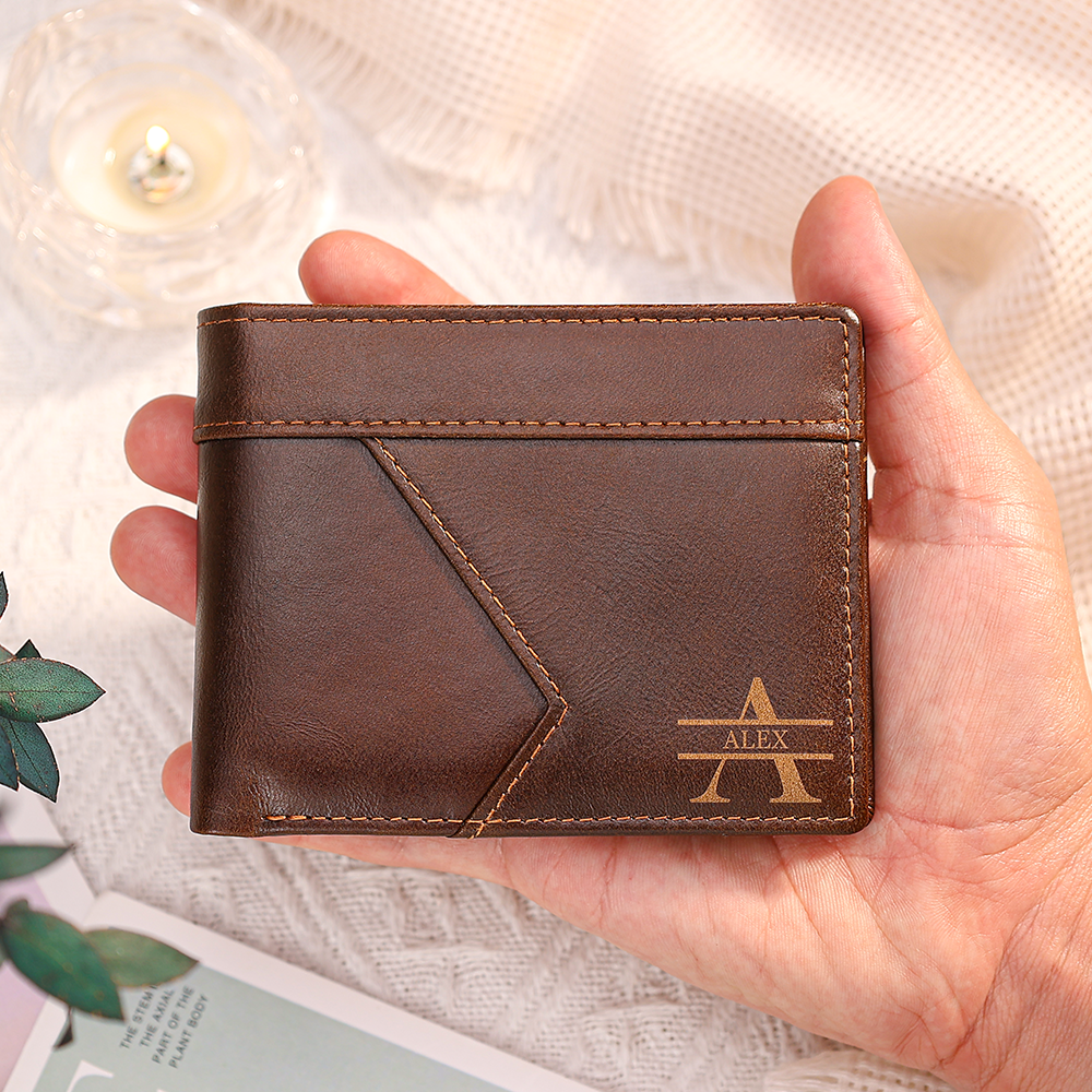 Portefeuille en Cuir Personnalisé avec 1 Prénom et 1 Initiale en cuir de première couche avec protection RFID Cadeau pour Homme | Jessemade