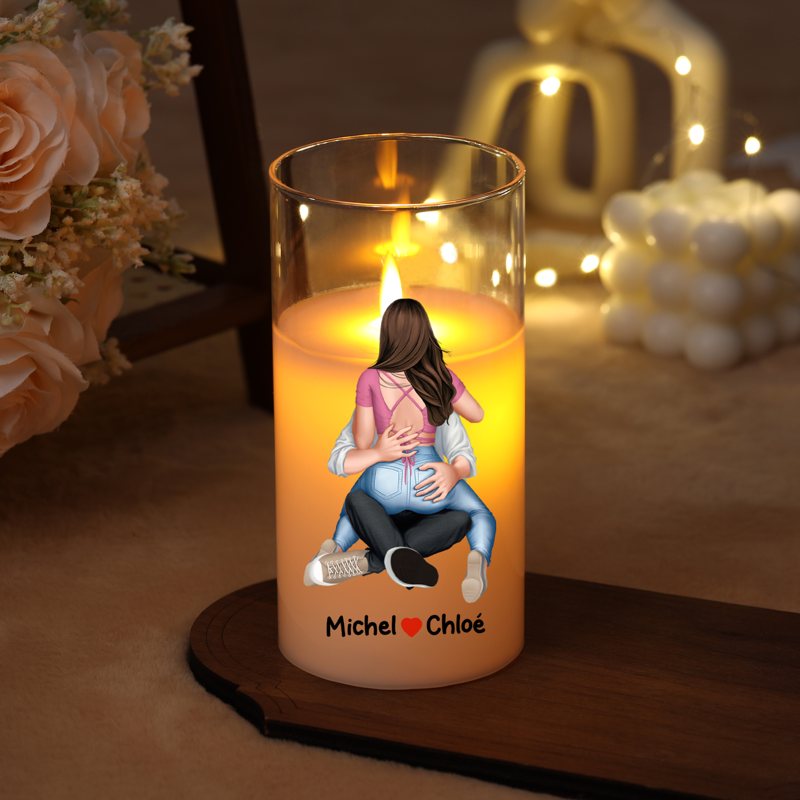 Bougie LED Personnalisée en Verre avec Prénoms – Cadeau romantique pour Couple