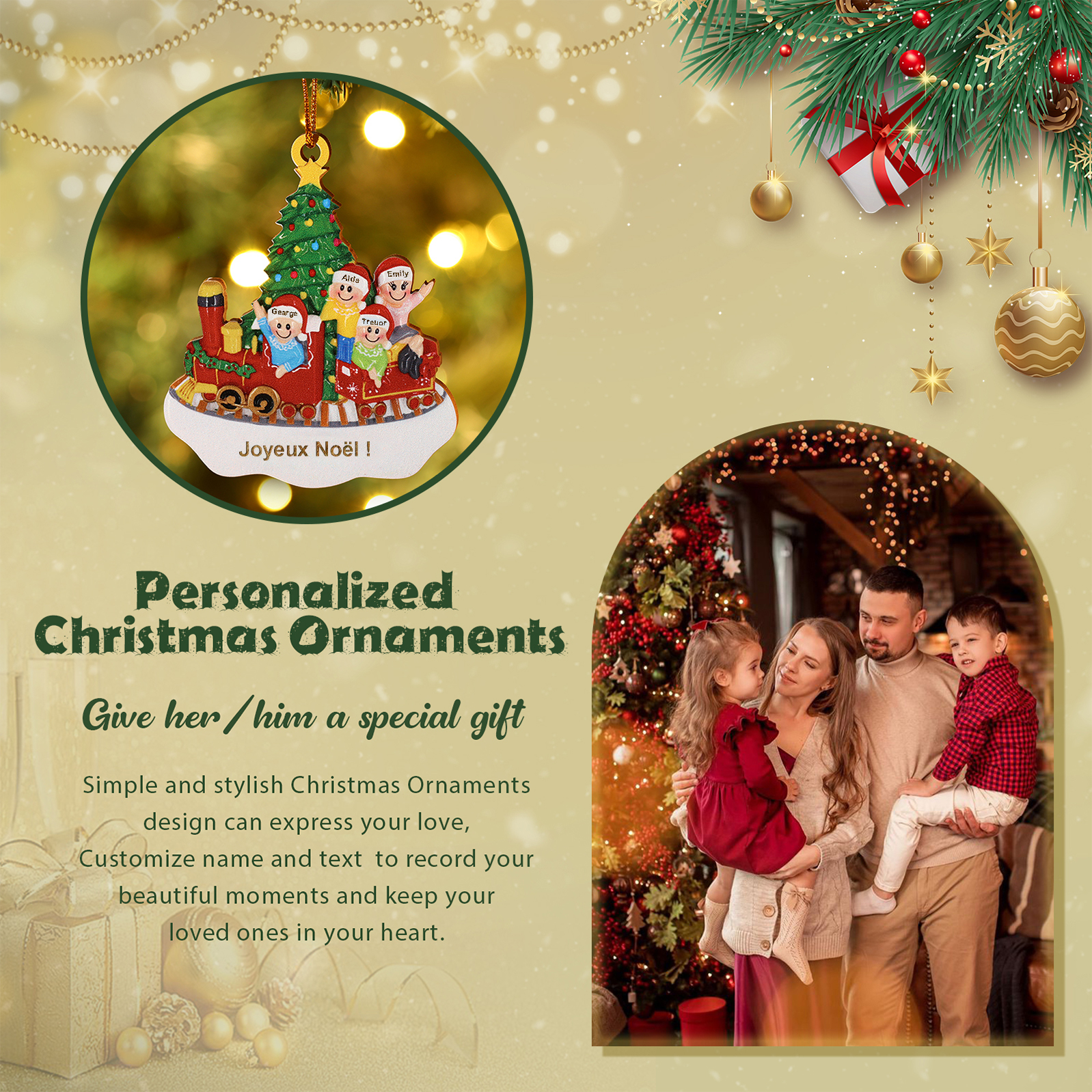 Décoration Sapin Noël 4 Prénoms Personnalisés avec Texte Ornement Train et Sapin en Bois pour Famille | Jessemade