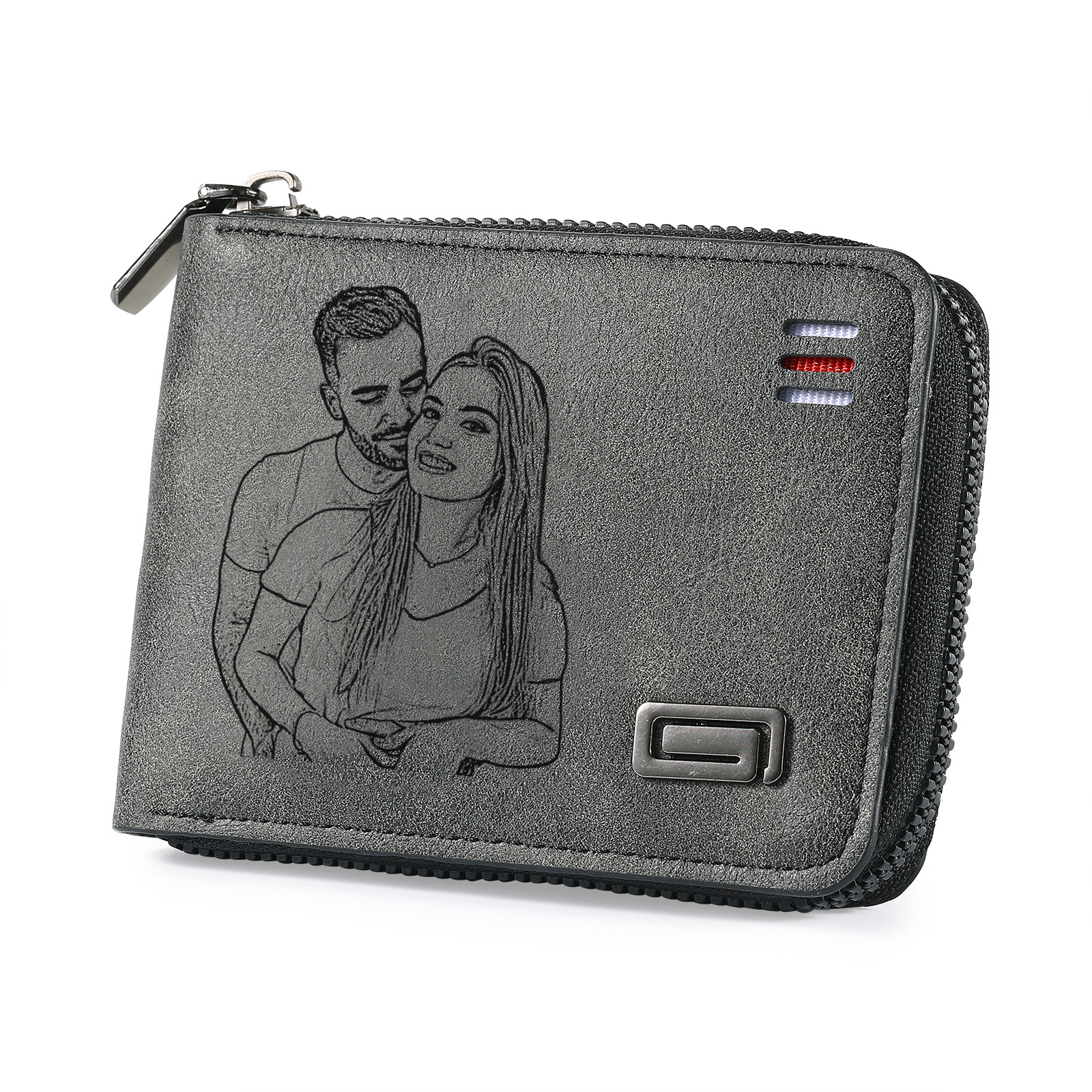 Portefeuille homme personnalisé en cuir PU avec fermeture éclair – avec photo, calendrier ou prénom