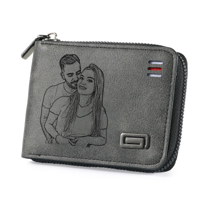 Portefeuille homme personnalisé en cuir PU avec fermeture éclair – avec photo, calendrier ou prénom