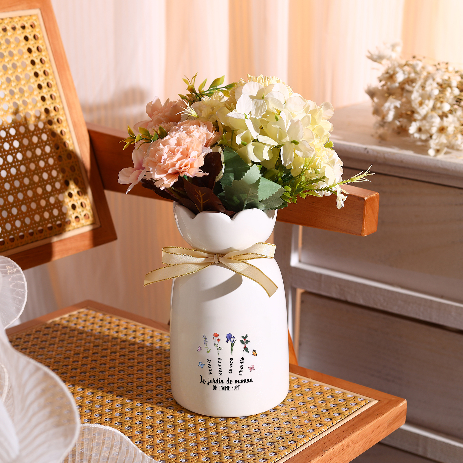 À Maman/Mamie - Vase Personnalisés avec 1-6 Prénoms et 2 Textes Vase en Céramique (sans fleurs) | Jessemade