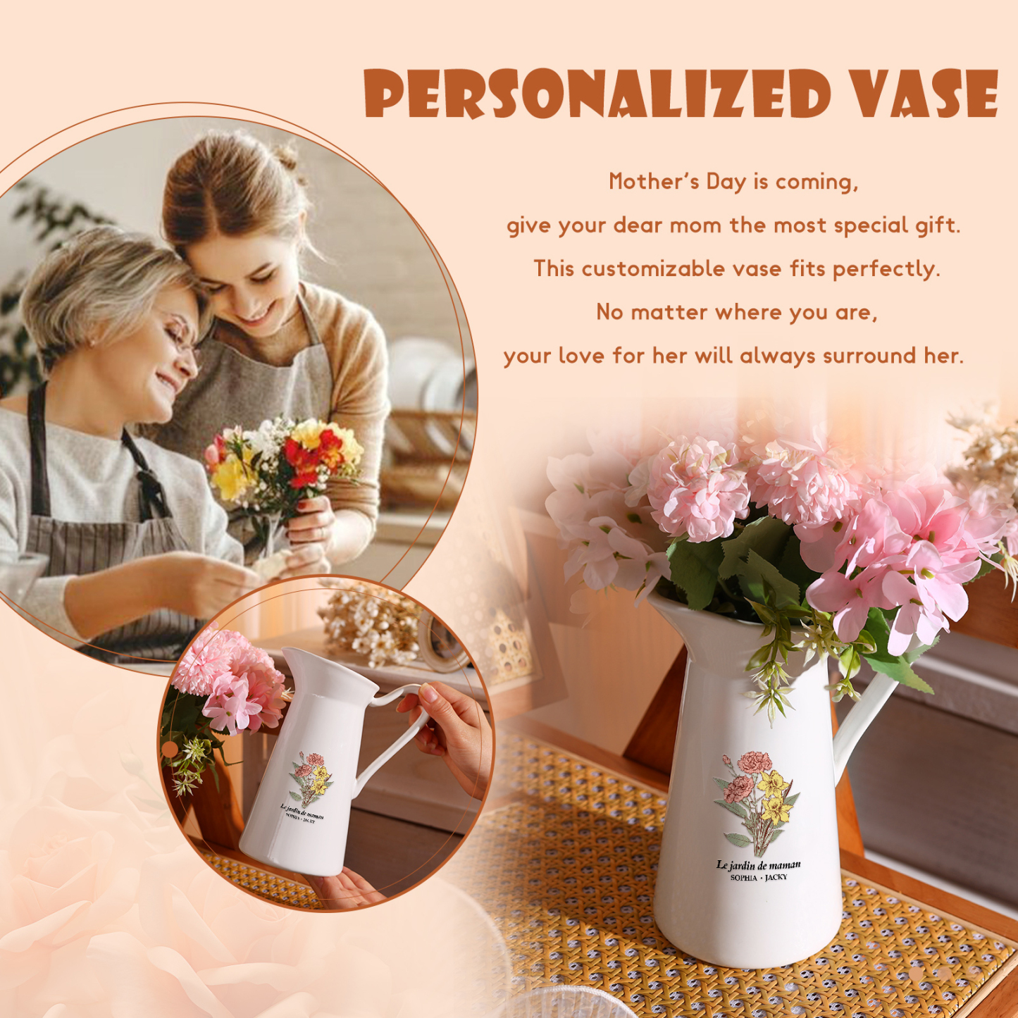 À Maman/Mamie - Vase Personnalisé 2-6 Prénoms et Fleurs de Naissance avec 1 Texte Vase Forme Pichet en Céramique (sans fleurs) | Jessemade