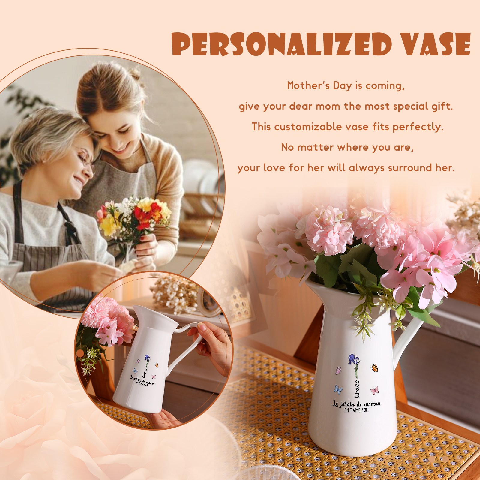 À Maman/Mamie - Vase Personnalisé 1-6 Prénoms et Fleurs de Naissance avec 2 Textes Vase Forme Pichet en Céramique (sans fleurs) | Jessemade