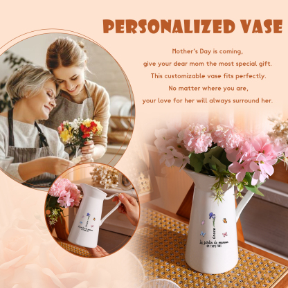 À Maman/Mamie - Vase Personnalisé 1-6 Prénoms et Fleurs de Naissance avec 2 Textes Vase Forme Pichet en Céramique (sans fleurs) | Jessemade