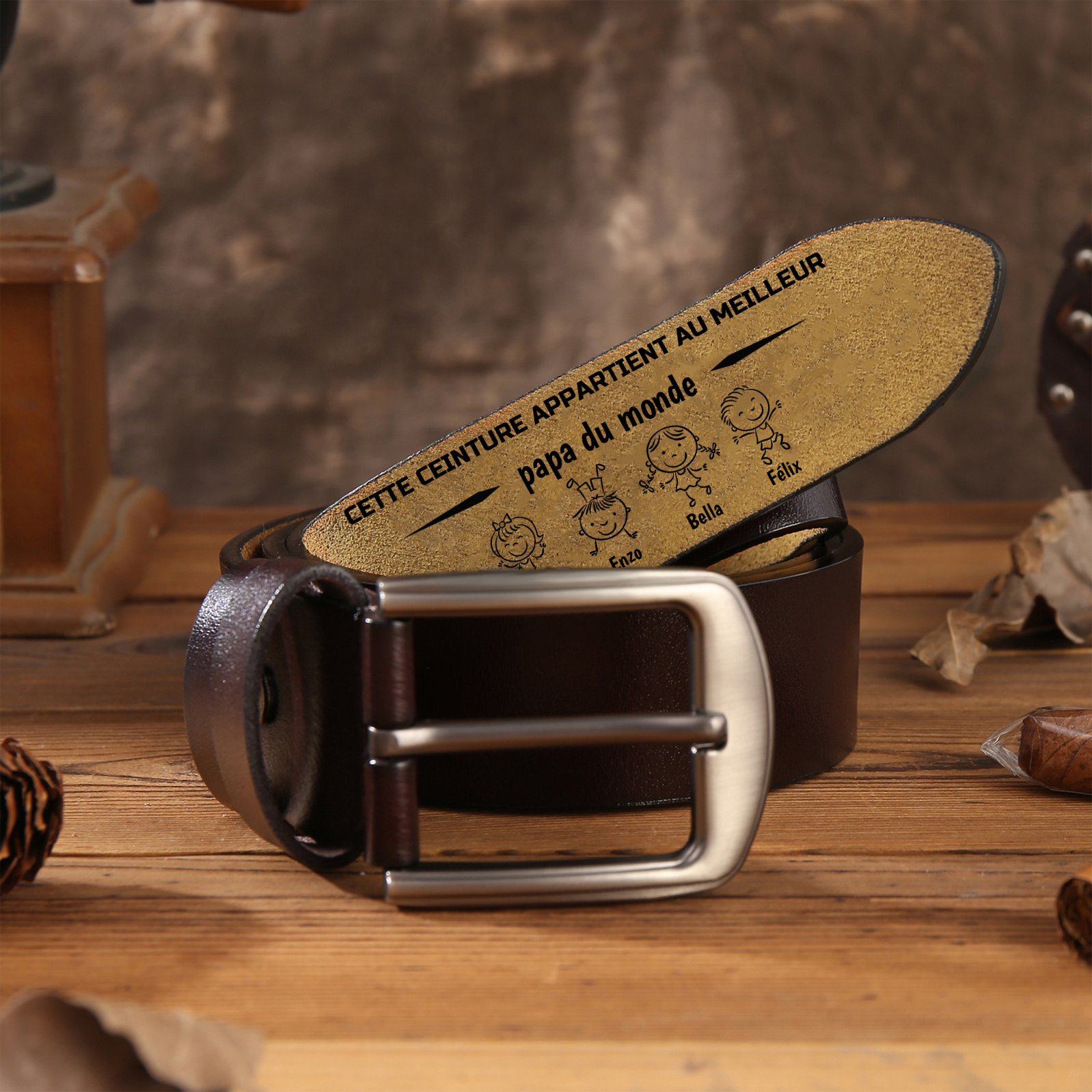 À mon Papa - Ceinture en Cuir Personnalisé avec 1-8 Prénoms et 1 Texte-Cadeau pour Papa | Jessemade