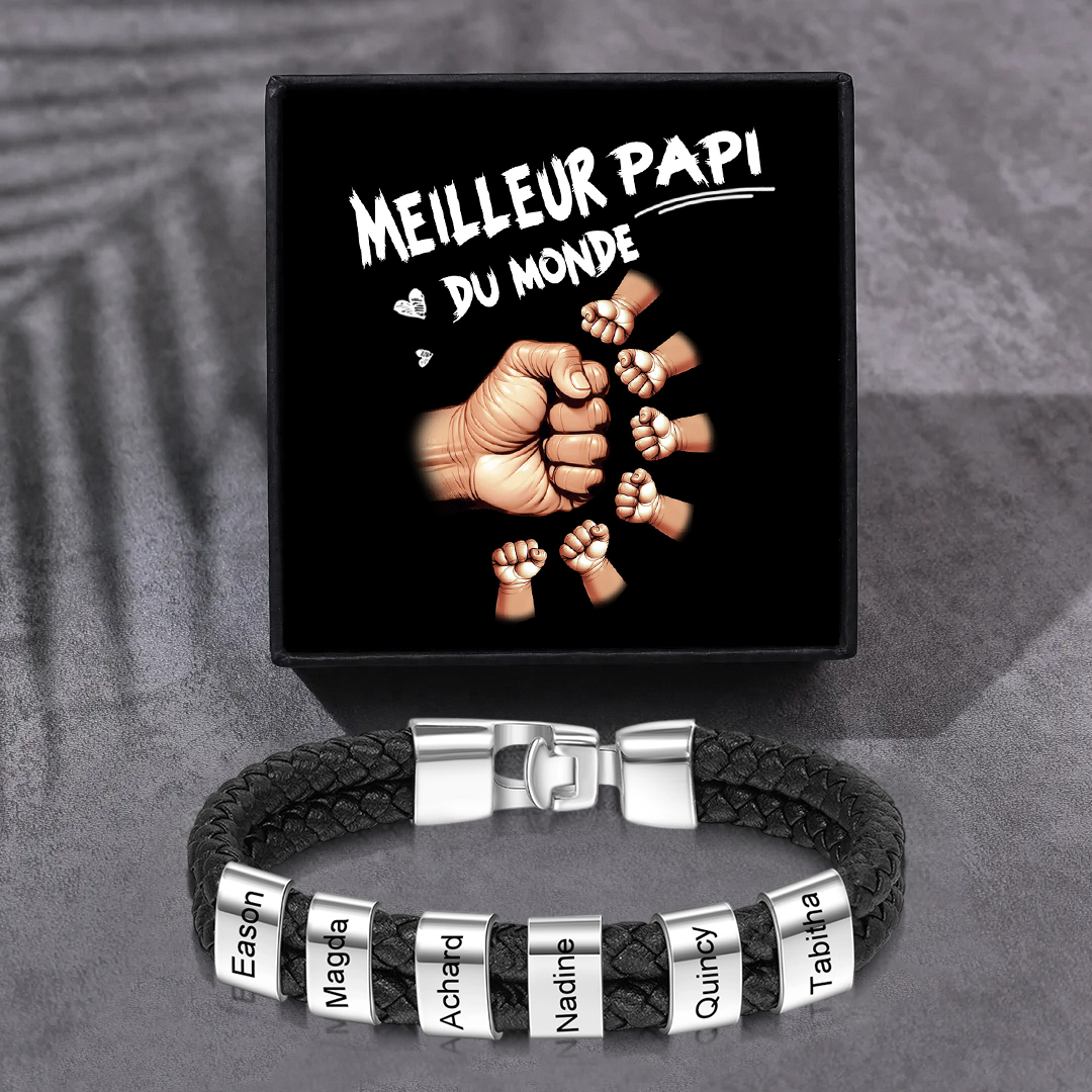 Bracelet Cuir Tressé Personnalisé – 1 à 6 Perles pour Papi/Papy/Grand-Père