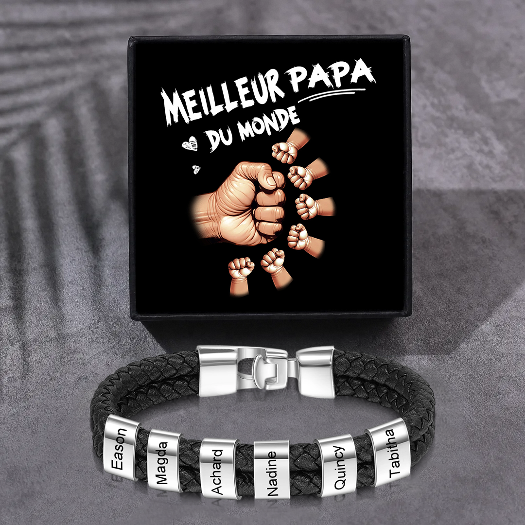 Bracelet Papa Personnalisé Cuir Tressé et Acier Inoxydable – 1 à 6 Prénoms Gravés