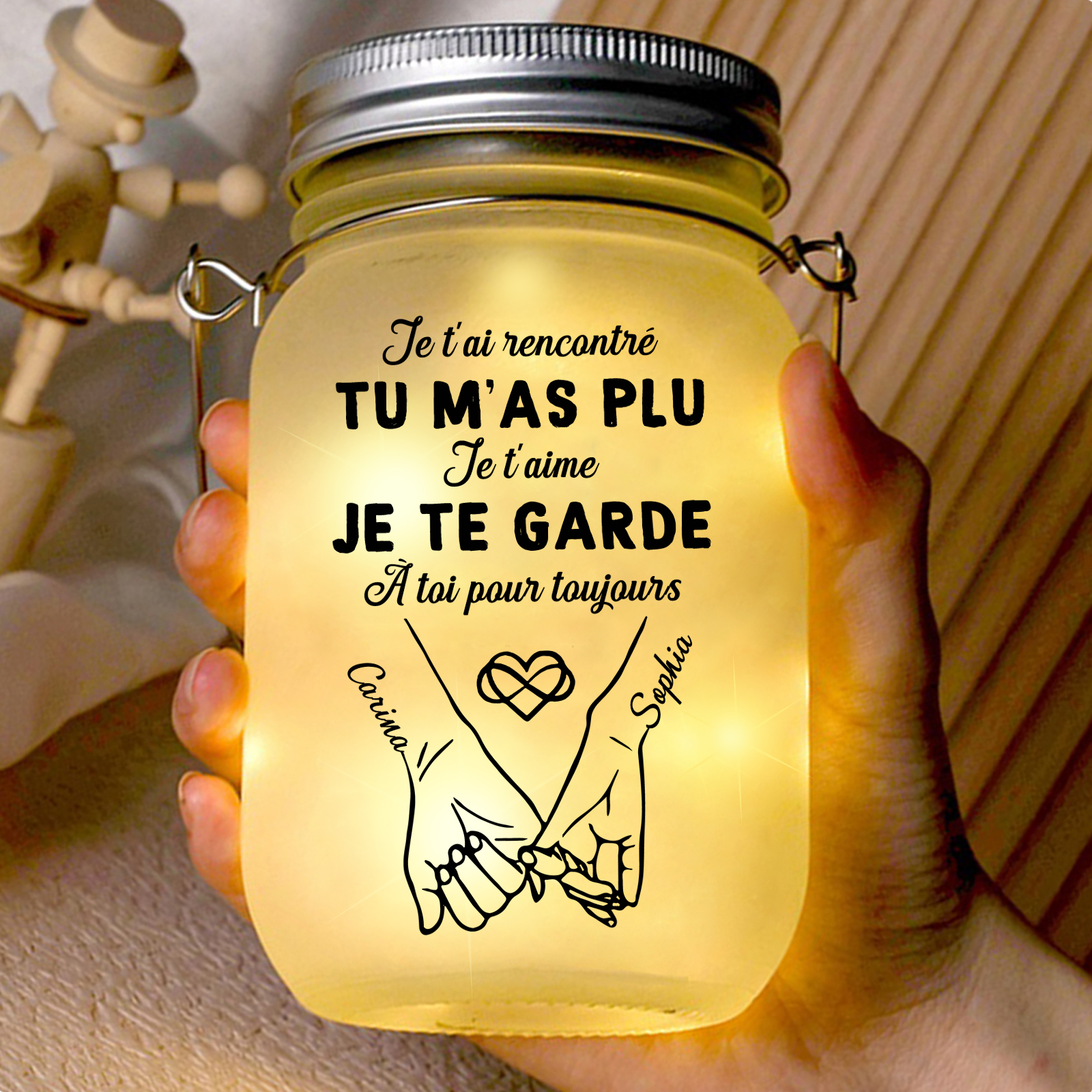 Bouteille Lumineuse Personnalisé – Bocal lumineux Solaire Couple « promesse du petit doigt »