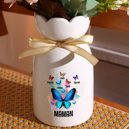 À Maman/Mamie - Vase en Céramique Personnalisés avec 1-8 Prénoms et 1 Texte Vase Motif Papillons Colorés (sans fleurs) | Jessemade