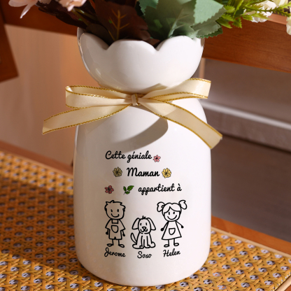 Vase avec Ruban 1-6 Prénoms et Enfants Personnalisés avec 1 Tetxe Vase en Céramique (sans fleurs) | Jessemade