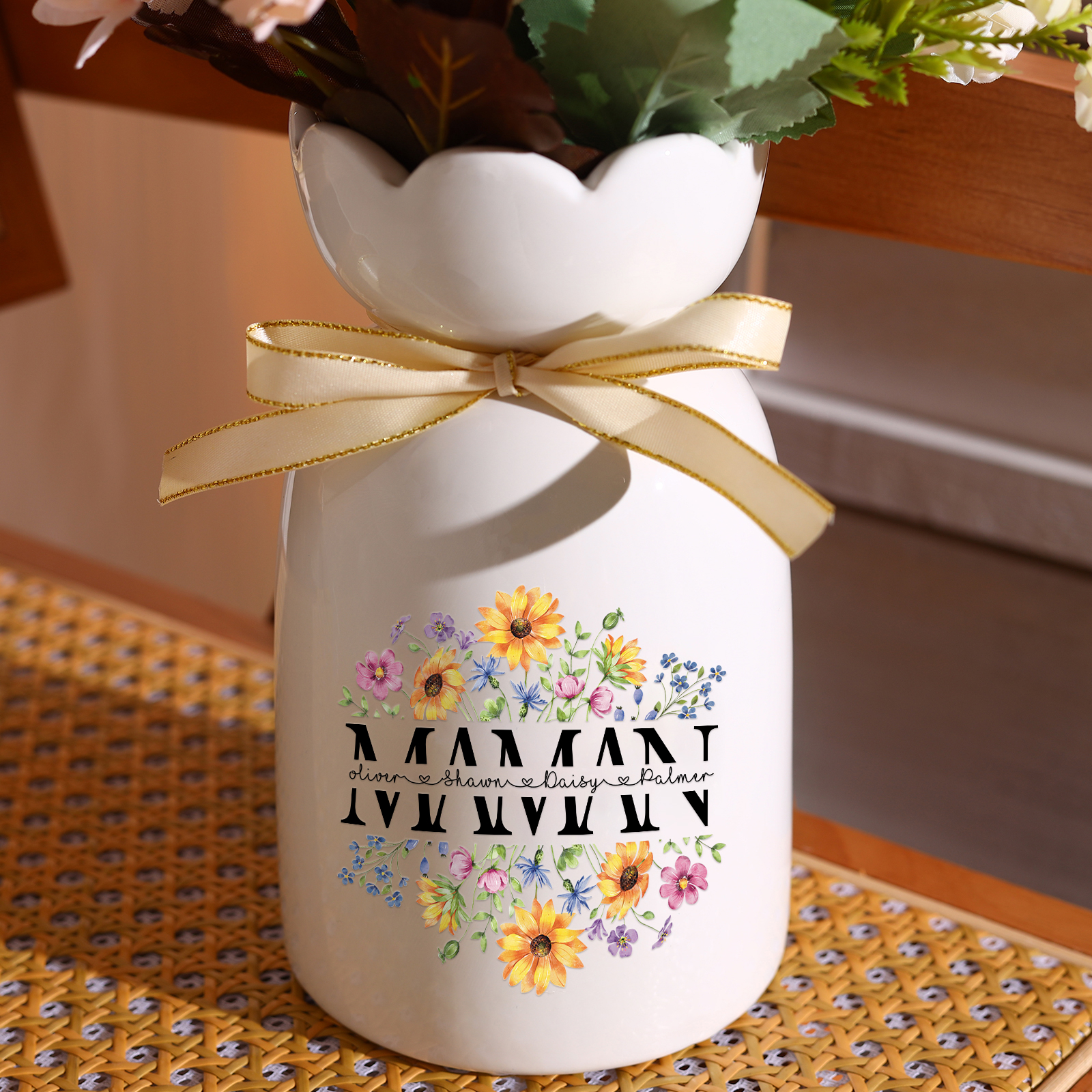 À ma Maman-Vase à Fleurs avec Ruban 4 Prénoms Personnalisés Vase en Céramique (sans fleurs) | Jessemade