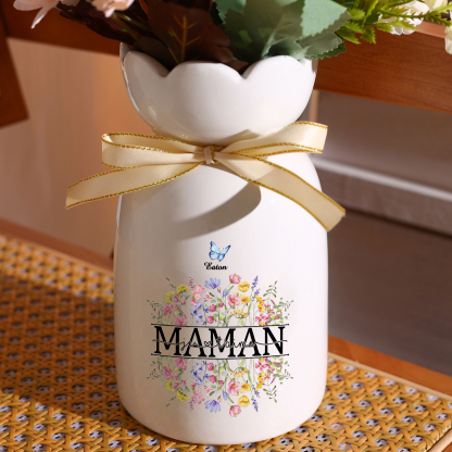 À ma Maman-Vase Personnalisé avec 1-5 Prénoms Vase Fluers et Papillon avec Ruban en Céramique (sans fleurs) | Jessemade