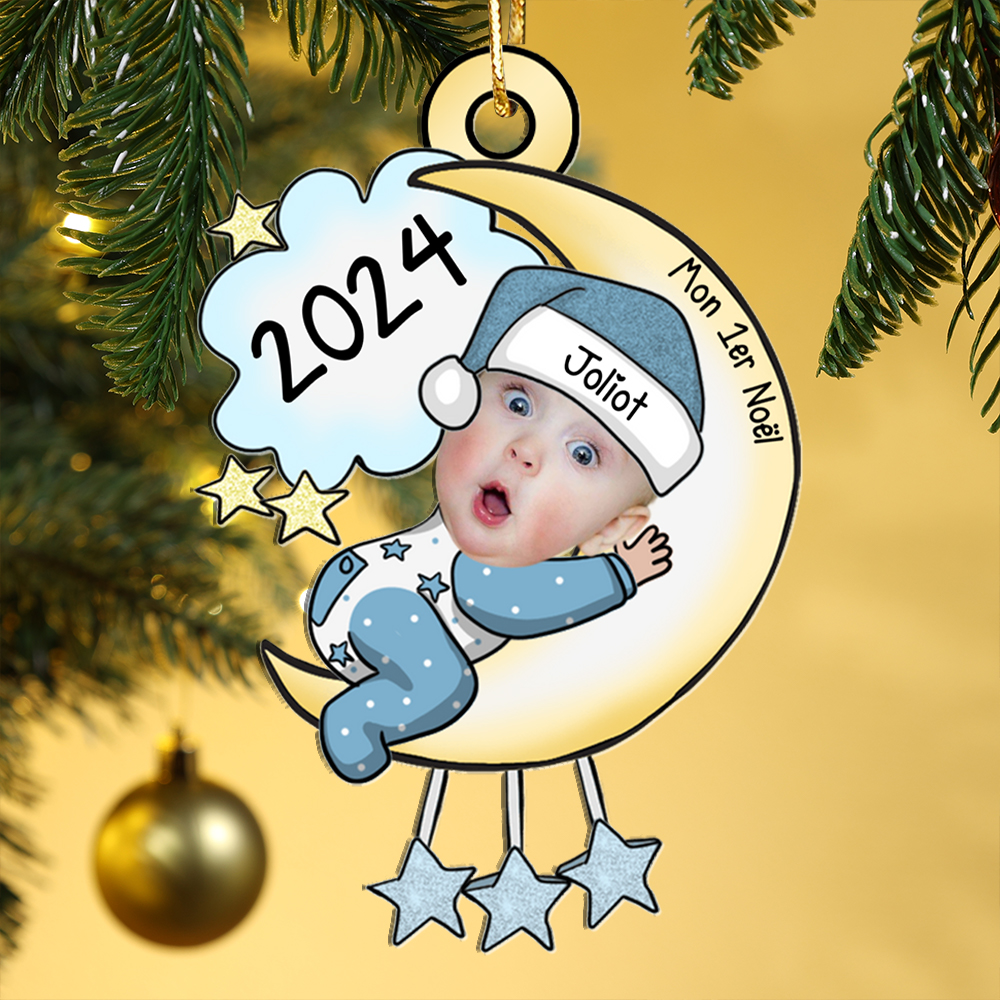 Décoration Sapin Noël Bébé 1 Prénom Personnalisé avec Photo et Texte en Acrylique | Jessemade