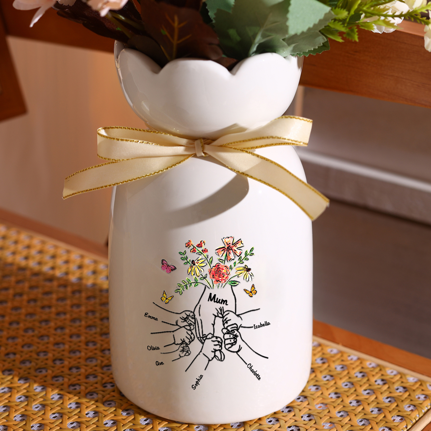À Maman/Mamie - Vase en Céramique 2-8 Prénoms Personnalisés avec 1 Texte Vase la Main dans la Main (sans fleurs) | Jessemade