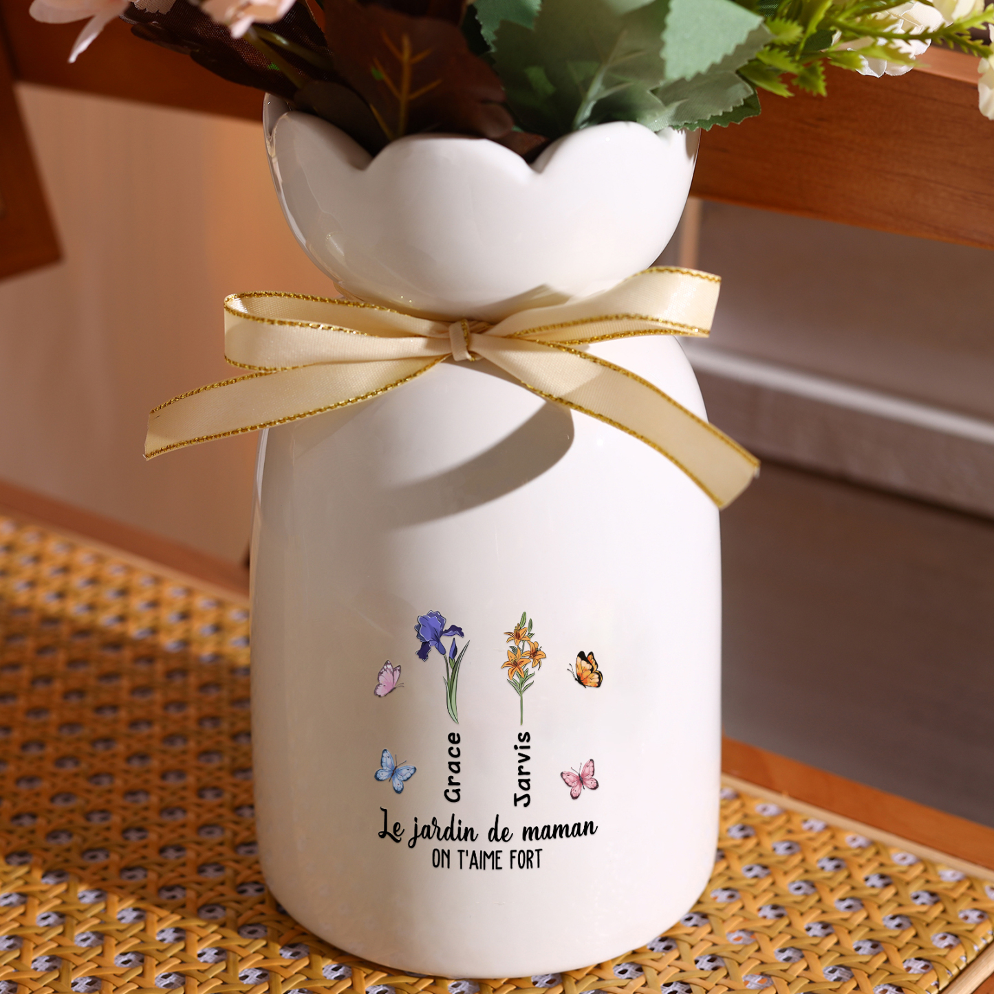 À Maman/Mamie - Vase Personnalisés avec 1-6 Prénoms et 2 Textes Vase en Céramique (sans fleurs) | Jessemade