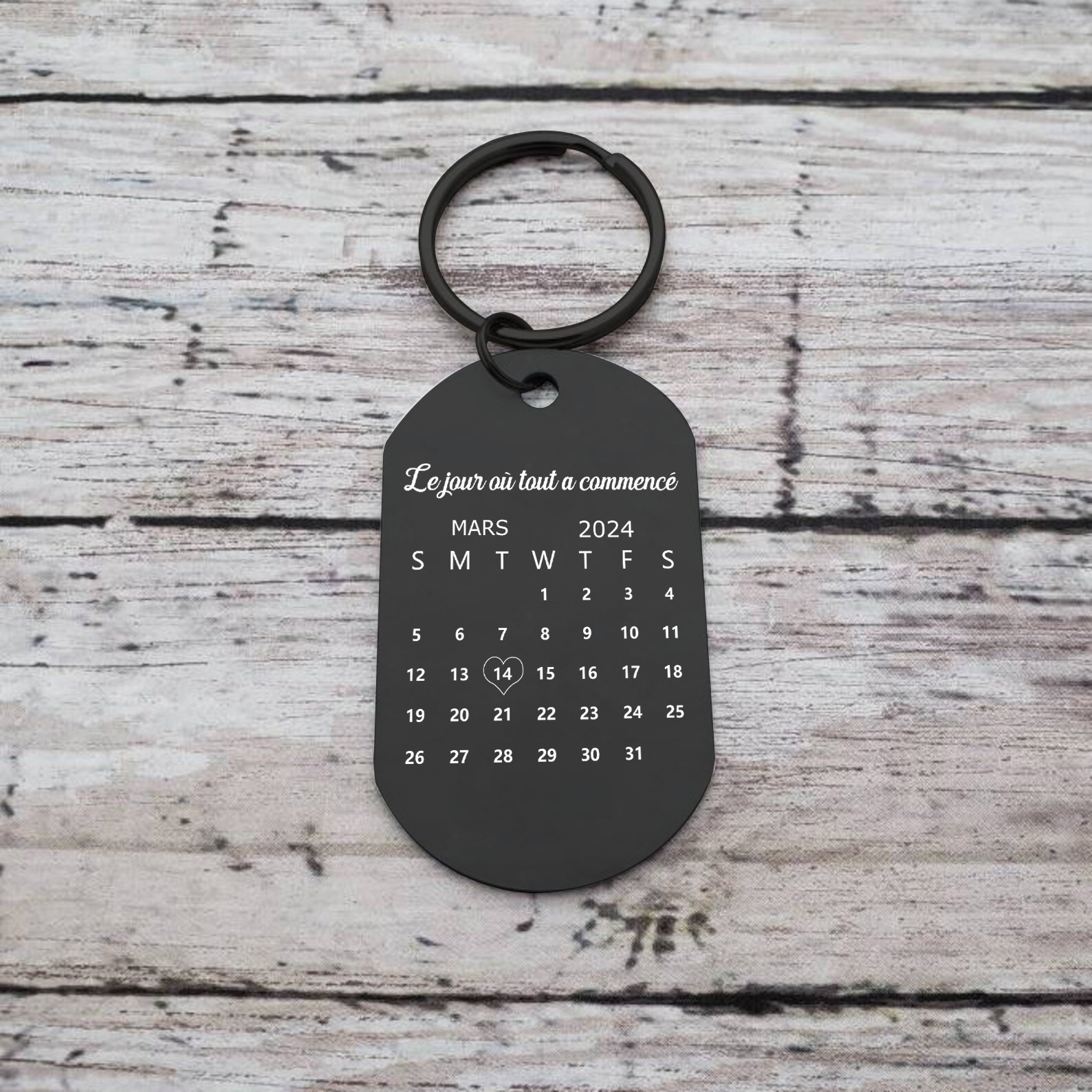 Porte-Clés Acier Inox Noir Gravé Calendrier Couple