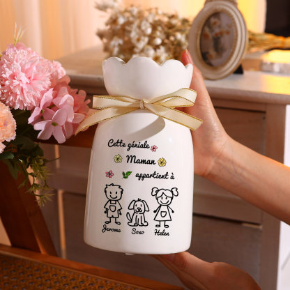 Vase avec Ruban 1-6 Prénoms et Enfants Personnalisés avec 1 Tetxe Vase en Céramique (sans fleurs) | Jessemade