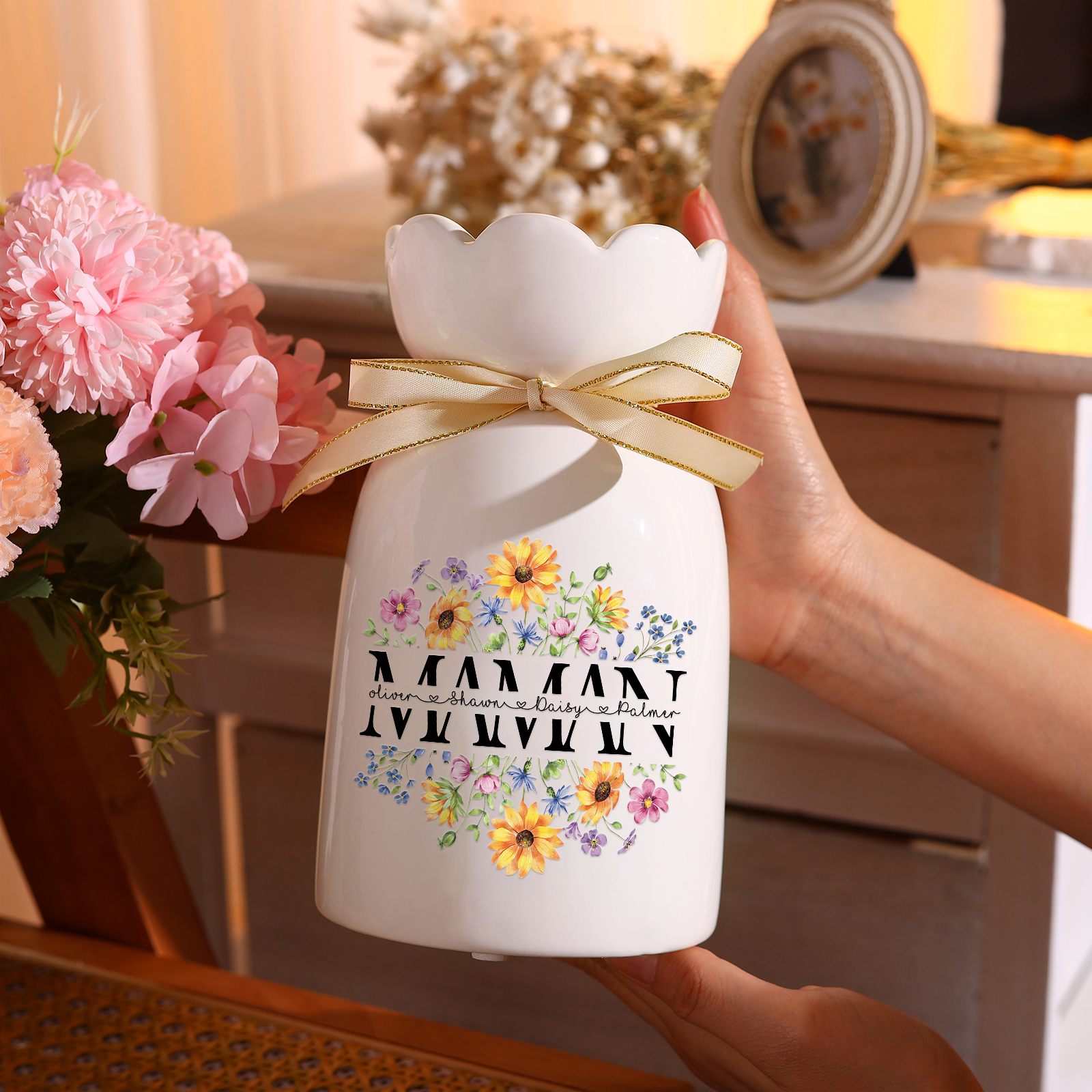 À ma Maman-Vase à Fleurs avec Ruban 4 Prénoms Personnalisés Vase en Céramique (sans fleurs) | Jessemade