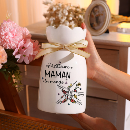 À ma Maman/Mamie-Vase Personnalisé avec 2-7 Prénoms et 1 Tetxe Vase la Main dans la Main avec Ruban en Céramique (sans fleurs) | Jessemade
